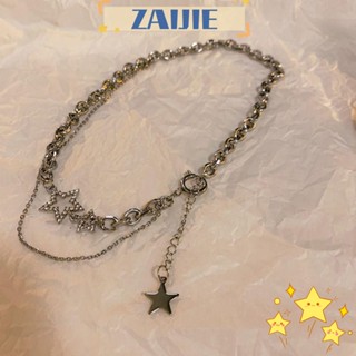 Zaijie24 สร้อยคอโชคเกอร์ อัลลอย จี้ดาวห้าแฉก ประดับเพทาย สีเงิน Y2k สําหรับผู้หญิง