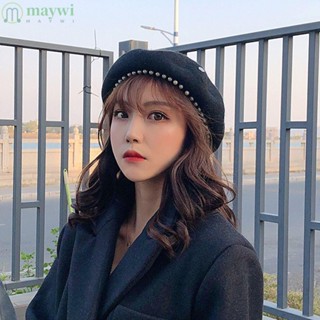 Maywi หมวกเบเร่ต์ ผ้าวูล ประดับมุก สไตล์วินเทจ หรูหรา อบอุ่น สําหรับผู้หญิง