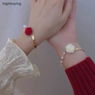 [highbuying] สร้อยข้อมือโลหะ รูปดอกกุหลาบ ประดับมุกเทียม หรูหรา เครื่องประดับ สําหรับผู้หญิง พร้อมส่ง