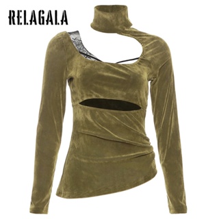 Relagala ใหม่ เสื้อยืดลําลอง แขนยาว คอยู เข้ารูป สีพื้น แฟชั่นสําหรับสตรี 2023