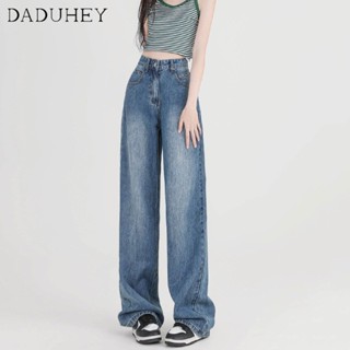 DaDuHey🎈 Korean Style Womens High Waist Jeans Straight New Washed Fashion Wide Leg Loose Mop Dropping Pants