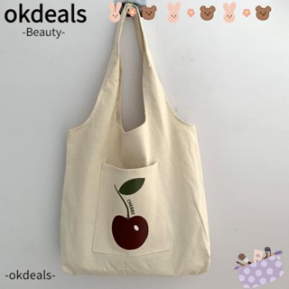 Okdeals กระเป๋าช้อปปิ้ง ผ้าแคนวาส พิมพ์ลายตัวอักษร จุของได้เยอะ สีเบจ แบบเรียบง่าย แฟชั่นสําหรับผู้หญิง