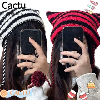 Cactu หมวกบีนนี่ ผ้าวูลถัก ลายทางปีศาจ สไตล์ญี่ปุ่น สําหรับผู้หญิง