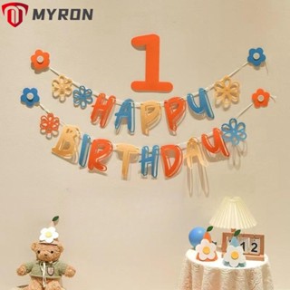 Myron สติกเกอร์แบนเนอร์ ลายดอกไม้ สีฟ้า สีส้ม เบอร์ 1 สไตล์โบโฮ สําหรับตกแต่งวันเกิด 6 ชิ้น