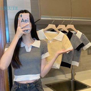 Gjcute เสื้อครอปท็อป แขนสั้น ผ้าถัก ลายทาง สไตล์เรโทร ฤดูร้อน สําหรับผู้หญิง WTD