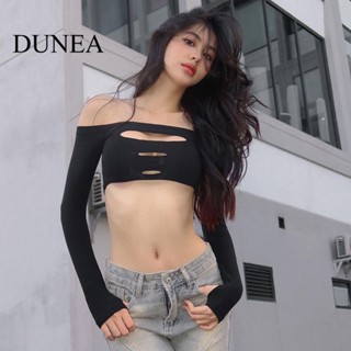 Dunea เสื้อยืดครอป แขนยาว เปิดไหล่ ฉลุลาย แฟชั่นฤดูใบไม้ร่วง สําหรับผู้หญิง