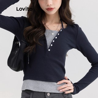 Lovito เสื้อยืดลําลอง ติดกระดุมด้านหน้า แบบเรียบ สําหรับผู้หญิง LNE24182 (สีน้ําเงินเข้ม)