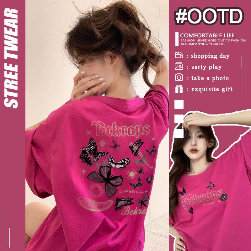 เสื้อแขนสั้น ผ้าฝ้าย 100% พิมพ์ลายผีเสื้อ ทรงหลวม แฟชั่นฤดูร้อน สําหรับผู้หญิง