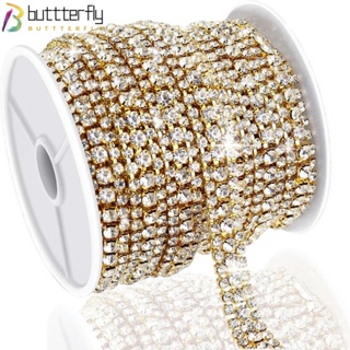 Buttterfly ริบบิ้นคริสตัล พลอยเทียม 3 แถว ฐานทอง 3 หลา สําหรับตกแต่งเสื้อผ้า DIY