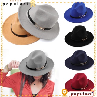 POPULAR หมวกปีกกว้าง หมวกกันแดด Fedora Felt Trilby สําหรับผู้หญิง