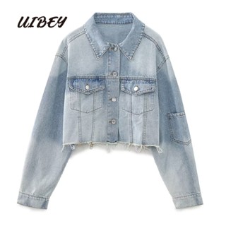 Uibey เสื้อโค้ทคาวบอย คอปก ขอบหยาบ แฟชั่น 3504