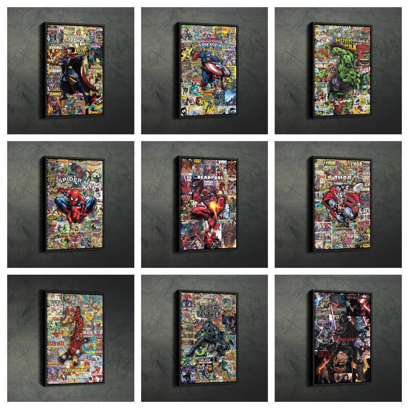 โปสเตอร์ผ้าใบ ลายภาพยนตร์ Marvel Spider MAN CAPTAIN AMERICA DEADPOOL IRON MAN THANOS สําหรับตกแต่งผนัง
