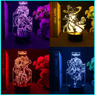 โคมไฟกลางคืน LED รูปการ์ตูนอนิเมะ Kazuha Raiden Ei Hutao 3d ชาร์จ USB สําหรับตกแต่งบ้าน