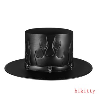 Hik Steampunk หมวกหมอโรคระบาด หนัง PU สีดํา หมวกเปลวไฟ ด้านบนแบน สําหรับฮาโลวีน คอสเพลย์ เครื่องแต่งกาย อุปกรณ์ประกอบฉาก หมวกโบว์ลเลอร์