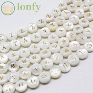 Lonfy ลูกปัด ลายตัวอักษร เปลือกหอยน้ําจืด ทรงกลม 8 มม. สีขาว สีทอง สําหรับทําสร้อยคอ DIY 52 ชิ้น