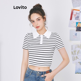 Lovito เสื้อยืดครอป ลำลอง คอปก แต่งกระดุม ลายทาง สำหรับผู้หญิง L59ED035 (สีดำ สีขาว)