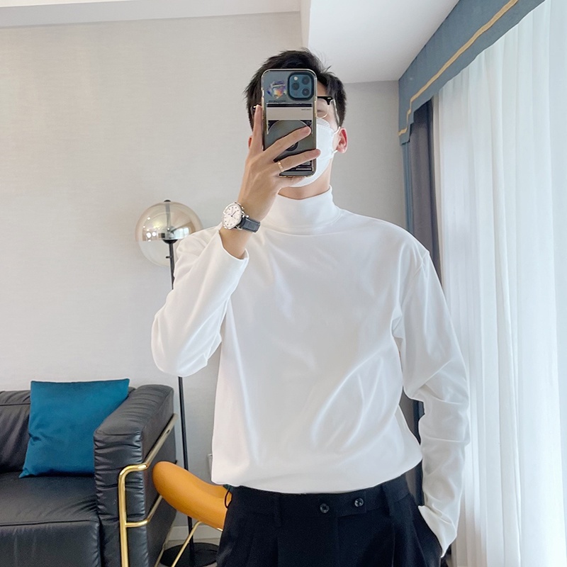 ขนาดเล็กคอสูงแขนยาวเสื้อยืด จุดต่ําสุด เสื้อด้านบนผู้ชายถนนสวมหลวมสีทึบอินเทรนด์ ที