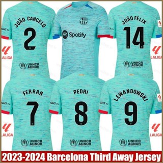 Qy 2023-2024 เสื้อกีฬาแขนสั้น ลาย Barcelona Third Away Cancelo Pedri Ferran Lewandowski Felix Jersey พลัสไซซ์