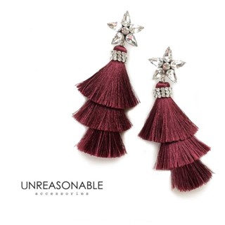 ต่างหูพู่ 3 ชั้น สีแดง Burgundy ต่างหูคลิป ต่างหูก้านเงินแท้ UA0481-01 Unreasonable Accessories