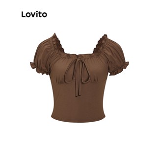 Lovito เสื้อยืดแขนพอง ขอบหยัก แบบผูกเชือก สีพื้น สไตล์เพร็พพี่ สำหรับผู้หญิง L56ED060 (สีกากี/ สีดำ)