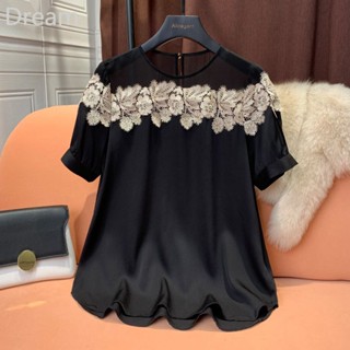 Womens silk-like shirt spring and summer new lace stitching loose bubble sleeve spring and summer top advanced sense