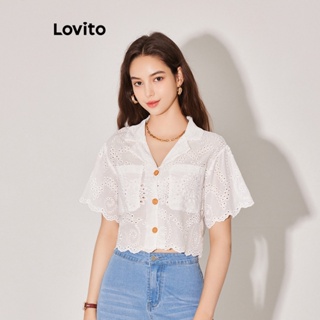 Lovito เสื้อเบลาส์ ปักลายตาไก่ แต่งกระเป๋าเสื้อ สีพื้น หรูหรา สำหรับผู้หญิง L59ED057 (สีขาว)