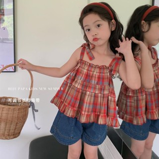 Shopkeepers selection# girls suit 2023 Summer Childrens sling plaid sleeveless top casual denim shorts Internet celebrity two-piece set 9.5N