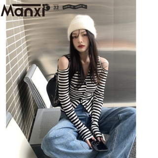 Manxi เสื้อแฟชั่นผู้หญิง เสื้อแขนยาว คลุม ไหมพรม ครอปเสื้อแขนยาว 36Z230908