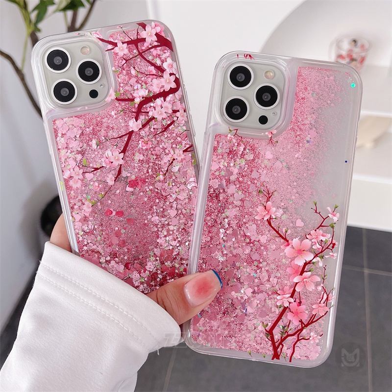 สําหรับiphone 16 15 14 13 12 11 Pro XS Max Apple X XS XR 7 8 14 15 16 Plus Glitter Quicksand Peach Blossom Liquidฝาครอบโทรศัพท์