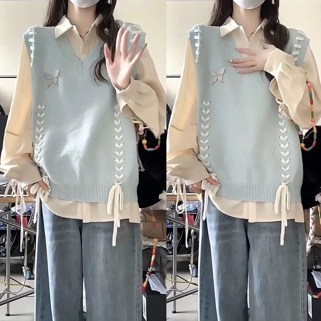 เสื้อกั๊ก คอวี ผ้าถัก ลายผีเสื้อ สีฟ้า สําหรับผู้หญิง