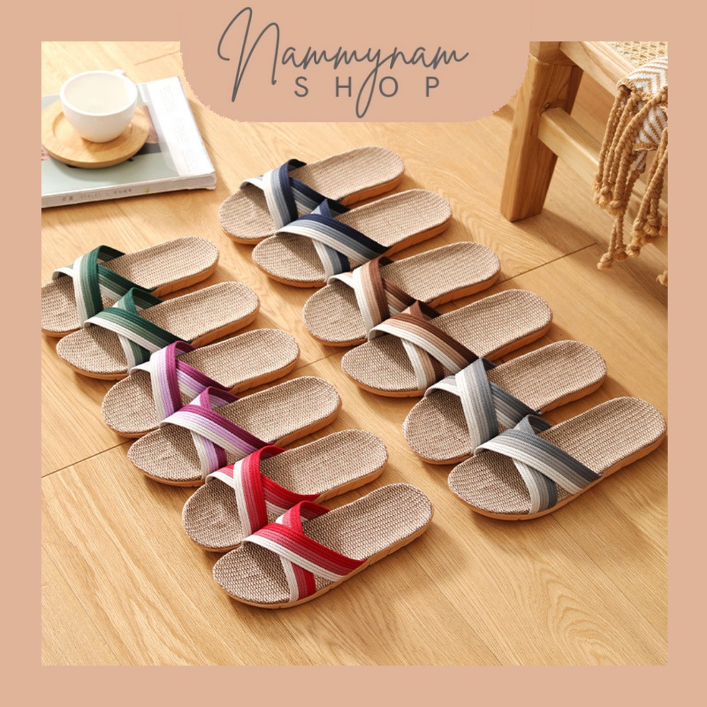 พร้อมส่ง!!! รุ่นไขว้สามสี รองเท้าแตะสานลินิน เบา ใส่สบาย