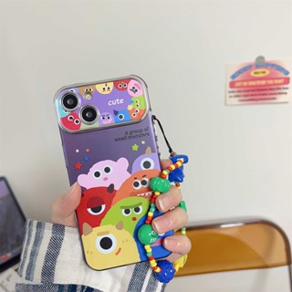 เคสป้องกันโทรศัพท์มือถือ PC Tpu แบบนิ่ม ลายการ์ตูนมอนสเตอร์น่ารัก ชุบไฟฟ้า พร้อมสายโซ่ สําหรับ iPhone 15 13 12 11 14 Pro Max