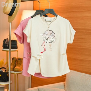 Womens cotton short-sleeved T-shirt with a sense of design, national style, chic, age-reducing and meat-covering top