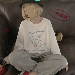 SANRIO เสื้อยืดแขนยาว ผ้าฝ้าย ทรงหลวม ลาย Cinnamoroll น่ารัก สไตล์ญี่ปุ่น แฟชั่นฤดูใบไม้ร่วง สําหรับผู้หญิง และนักเรียน