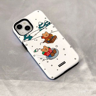 เคสป้องกันโทรศัพท์มือถือ ลายหมีสกี สองชั้น แวววาว เรียบง่าย สําหรับ iPhone 14promax 13 11 12