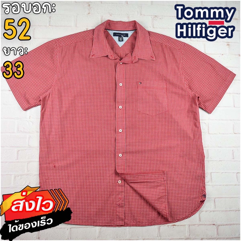 Tommy Hilfiger®แท้ อก 52 เสื้อเชิ้ตผู้ชาย ทอมมี่ ฮิลฟิกเกอร์ สีเแดง แขนสั้น เนื้อผ้าดี