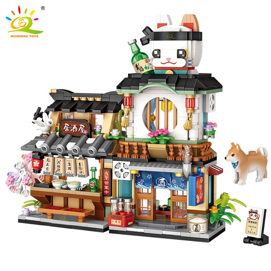 HUIQIBAO City Mini Chinese Street View Grocery Store Meat Shop Building Blocks Japanese Food  Ice Shop Figures Bricks To