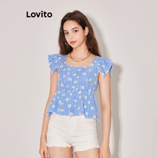 Lovito เสื้อเบลาส์ ลำลอง เข้ารูป ลายดอกเดซี่ แต่งระบาย สำหรับผู้หญิง L59ED047 (สีน้ำเงิน)