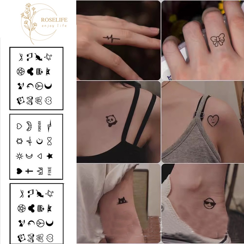 Roselife สติกเกอร์รอยสักชั่วคราว ลายการ์ตูนผีเสื้อ หน้ายิ้ม ขนาดเล็ก สีดํา สไตล์เกาหลี 16 แบบ DIY