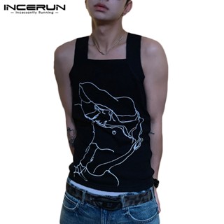 Incerun เสื้อกล้ามลําลอง แขนกุด พิมพ์ลายเส้น สไตล์เกาหลี สําหรับผู้ชาย