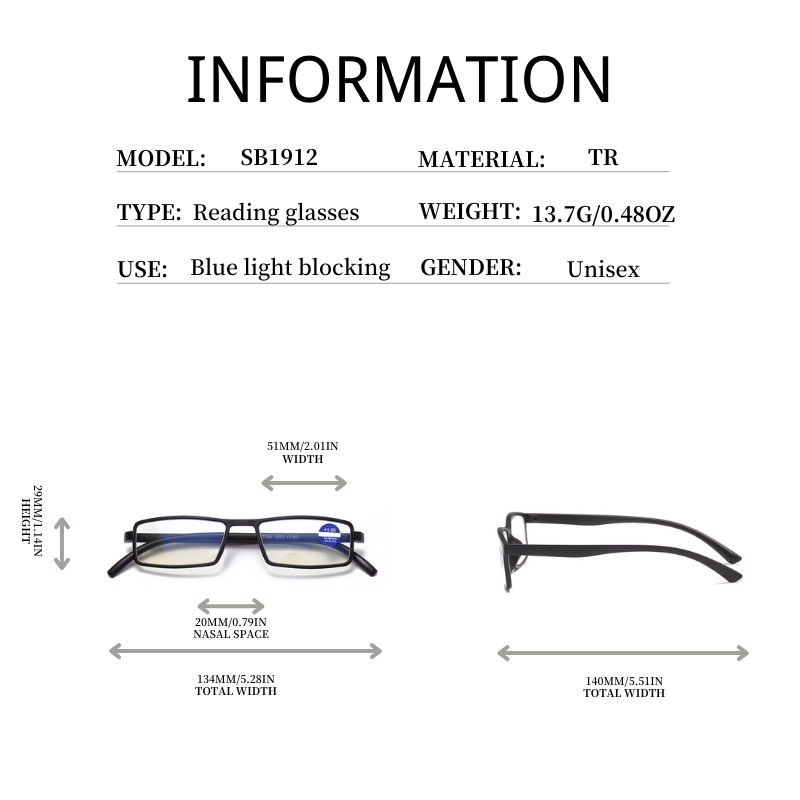 Sb1912 แว่นตาอ่านหนังสือ กรอบสี่เหลี่ยม ป้องกันแสงสีฟ้า สําหรับผู้ชาย และผู้หญิง 1.0 1.5 2.0 2.5 3.0 3.5 4.0 1 ชิ้น