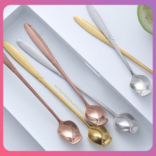 Creative ประณีต Rose Spoon ช้อนคนกาแฟด้ามยาวพร้อมกลีบสีทองขัดกระจก Creative Rose Modeling ช้อนคนกาแฟของใช้ในครัวเรือน [COD]