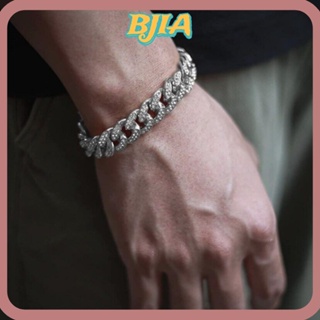 Bja สร้อยข้อมือเงิน, สร้อยข้อมือโซ่คิวบา โลหะผสมเพชร, เครื่องประดับแฟชั่นเรขาคณิต ชุบเงิน สร้อยข้อมือเพชร ผู้ชาย