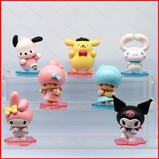 Ere1 ฟิกเกอร์ Sanrio Action Figure Animals Backpack Series Kuromi Melody Cinnamoroll Pachacco Twins Purin ของเล่นสําหรับเด็ก 7 ชิ้น