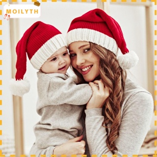 Moilyth หมวกถัก ประดับปอมปอม สีแดง สําหรับแม่ และลูก ปาร์ตี้คริสต์มาส