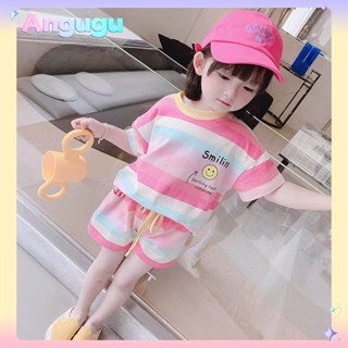 Angugu ใหม่ เสื้อยืดลําลอง ผ้าฝ้าย แขนสั้น ลายทาง สีรุ้ง และกางเกง แฟชั่นฤดูร้อน สไตล์เกาหลี สําหรับเด็กผู้หญิง อายุ 1-11 ปี 2023 2 ชิ้น