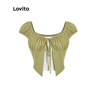 Lovito 2 In 1 เสื้อยืดลำลอง สีพื้น แต่งจีบร่น สำหรับสตรี  L54ED030 (เขียว)