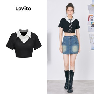 Lovito เสื้อยืด การตัดเย็บผ้า สีพื้น สไตล์เพร็พพี่ สำหรับผู้หญิง L59ED043 (สีดำ และสีขาว)