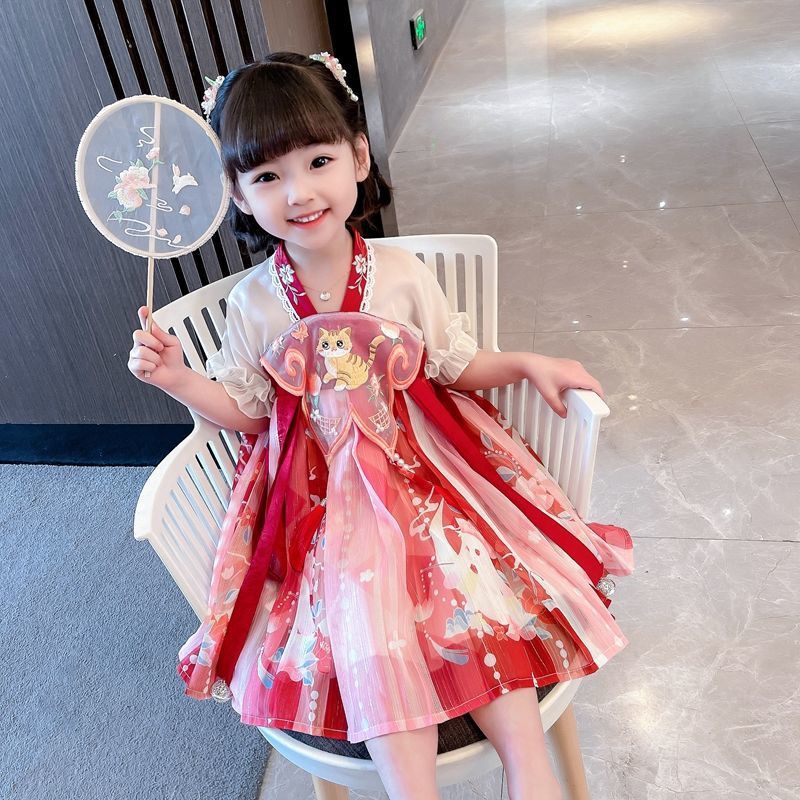 Pippikids เสื้อผ้าเด็กหญิง Hanfu ชุด 2023 เสื้อผ้าเด็กสไตล์ใหม่หญิงแมวปัก Hanfu ชุดเจ้าหญิง