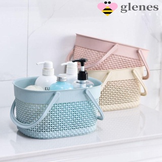 Glenes ตะกร้าอาบน้ํา พลาสติก สีเบจ ชมพู ฟ้า แบบพกพา ทนทาน กันลื่น ฉลุลาย พร้อมที่จับ สําหรับใช้ในครัวเรือน